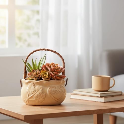 Handheld for Ceramic Succulent Planter Pots, Ceramic Plant Pot with Drainage Holes Flower Pots for Cactus, Herbs, Outdoor Plants（Does not Include Plants） (Beige) - Image 4