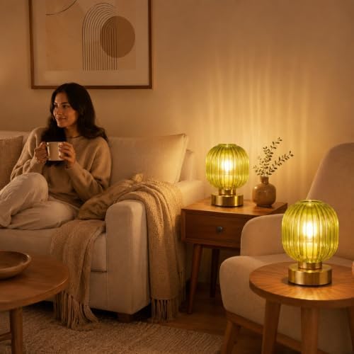 Elenhome Green Touch Glass Table Lamp Set of 2, 3-Way Dimmable Bedside Lamps, Vintage Mid-Century Modern Nightstand Lamps for Bedroom and Living Room, Ambient Mood Lighting, LED Bulb Included - Image 5