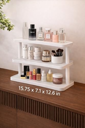 HealthEmpire 3-Tier Cosmetic Organizer Shelf for Countertop – Wooden Makeup & Skincare Storage Rack, Bathroom Vanity Display Stand for Perfume, Toiletries & Office Desk Organization (White) - Image 2