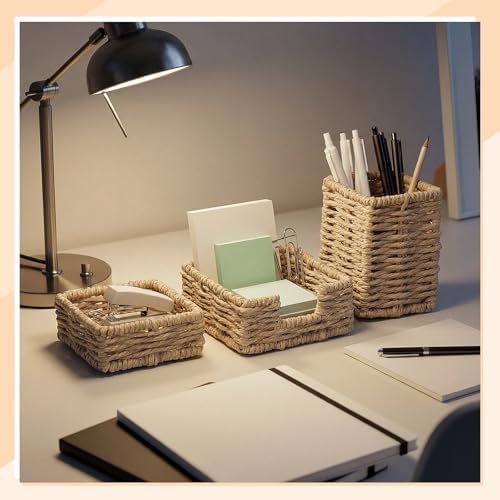 Khaki Paper Rope Woven Desk Organizer Set of 3 Natural Desktop Accessories Pencil Pen Cup Paper Clip Storage and Sticky Note Holder for Women Men Farmhouse Office Home Desktop Table Decor - Image 5