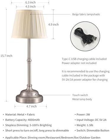 KDG Nickel Cordless LED Table Lamps Set of 2, Green Fabric Shade Desk Lamps - Image 5