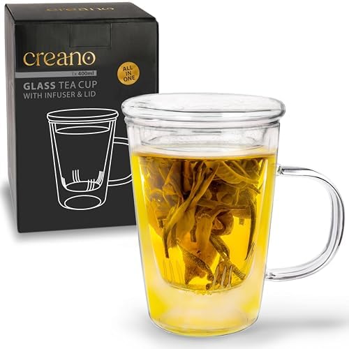 Creano Tea Glass 400 ml – Large Tea Cup with Strainer and Glass Lid – An ideal Tea Maker by Creano
