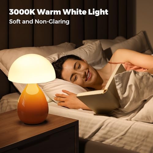 Mushroom Lamp, Vintage Small Table Lamp for Bedroom, Ice Crack Ceramic LED Night Light for Kids, Mid Century Modern Bedside Lamp for Nightstand, Living Room, Home Decor Gift Ideas for Women, Orange - Image 2