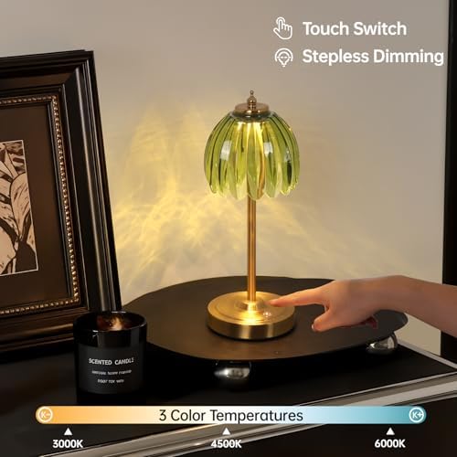 Shenmoyl Set of 2 Tulip Table Lamp with 5000mAh Battery & Touch Control, Cordless Table Lamp with 3 Colors, Dimmable Rechargeable Table Lamps for Bedroom, Living Room, Entryways (Green Tulip) - Image 3