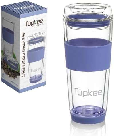 Double Wall Glass Tumbler, 14-Ounce Glass Travel Coffee Mug with Lid by Tupkee
