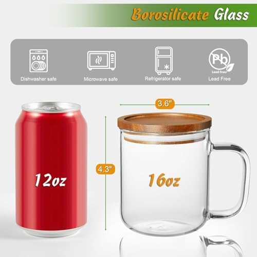 DRASTAR Glass Coffee Mugs,Clear Coffee Cups, Coffee Mug with Acacia Wood Lid, Tea Glass Cups with Handles, Large Coffee Mug Set of 2, Glass Coffee Cups for Latte, Espresso, Tea (2, 16 oz) - Image 2