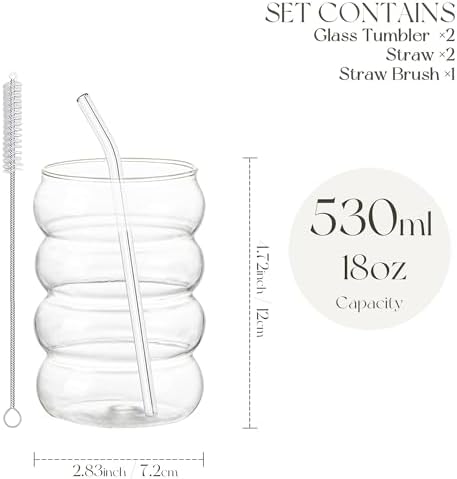 KEMORELA 2PCS Wave Bubble Beverage Glasses With Straws, 18 Oz Vintage Glass Cups, Aesthetic Iced Coffee Glasses, Ripple Glassware, Beer Glasses - Stylish Drinkware for Every Occasion - Image 3