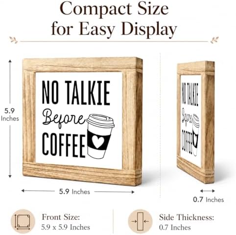 No Talkie Before Coffee Wooden Sign, Funny Morning Coffee Decor Plaque, Cute Caffeine Lover Kitchen Accent, Farmhouse Shelf Sitter For Countertop Office Desk Coffees Nook, 5.9 x 5.9 in - Image 2