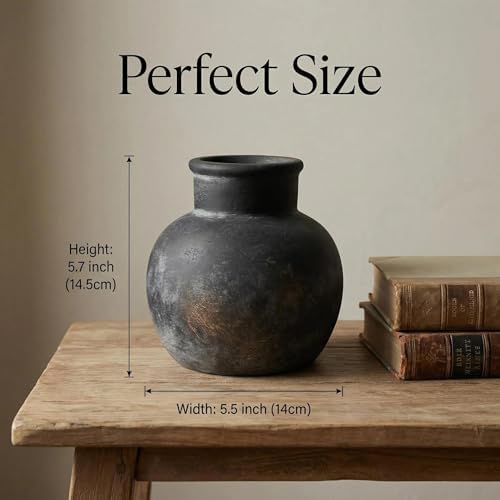 Farmhouse Table Vase, 5.7 Inch Bronze Ceramic Pot, Rustic Boho Terracotta Decor for Shelf, Mantel, Bookshelf, Living Room, Handmade Aged Look Centerpiece - Image 5