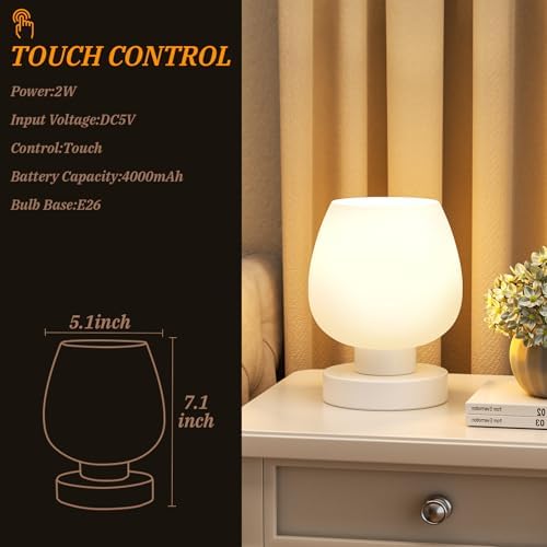 Seealle Cordless Touch Table Lamp for Nightstand - Small Bedside Lamp for Bedroom Night Stands, Desk Lamp with White Glass Shade for Small Spaces Living Room, Stepless Dimmable, LED Bulbs, Gifts - Image 5