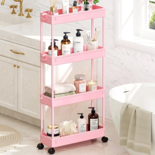 SPACEKEEPER Slim Rolling Storage Cart, 4 Tier Bathroom Cart Organizer, Pink by SPACEKEEPER