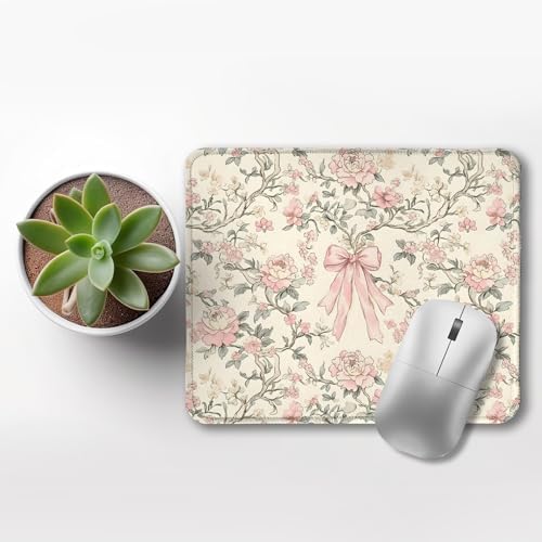 Vintage Pink Floral Mouse Pad, Coquette Girly Pink Bow Peony Flower Aesthetic Mouse Pads for Wireless Mouse Computers Laptop Desk Accessories, Preppy Girly Office Supplies, 9.5x7.9 Inch - Image 3