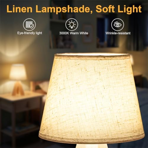 Tripod Table Lamp Small Bedside Lamp with Linen Fabric Shade, Mid Century Modern Nightstand Lamp for Bedroom Living Room Office Nursery, Wooden Legs(Cone) - Image 2