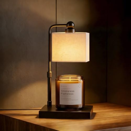 Candle Warmer Lamp with Timer, Dimmable, Adjustable Height, Modern Farmhouse Linen Shade, Black Candle Warming Lamp for Up to 6-Inch Jar Candles, 2 Bulbs Included by Bingyouth