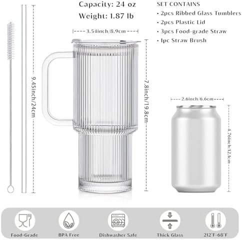 INSETLAN 24 oz Ribbed Glass Tumbler with Handle, 2-Pack Iced Coffee Cups - Image 3