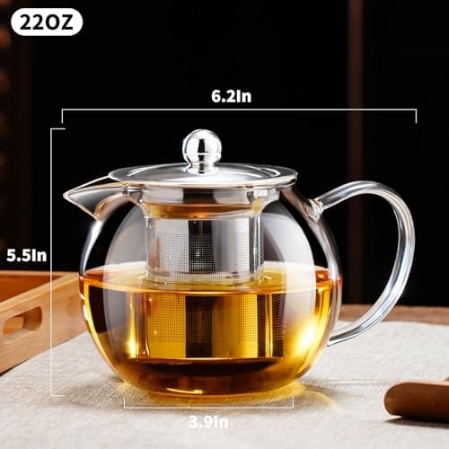 PARACITY Glass Teapot Stovetop 22 OZ/650ml, Tea pot with Removable 18/8 Stainless Steel Infuser, Borosilicate Clear Tea Kettle, Teapot Blooming and Loose Leaf Tea Maker Tea Brewer for Camping, Travel - Image 4