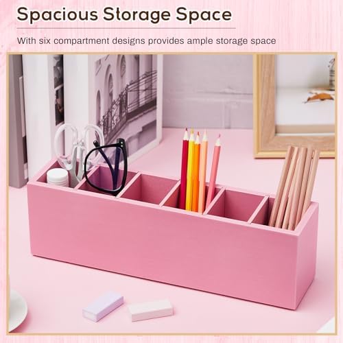 Jetec Wooden Pencil Pen Holder for Desk, Pink, 6 Compartments - Image 3