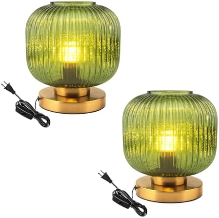 Bedside Table Lamps Set of 2, Mid Century Table Lamp Small Glass Table Lamp Green Glass Nightstand Lamp with Metal Base, Gold Globe Desk Lamp End Table Lamps for Bedroom Living Room Office by Auwieou