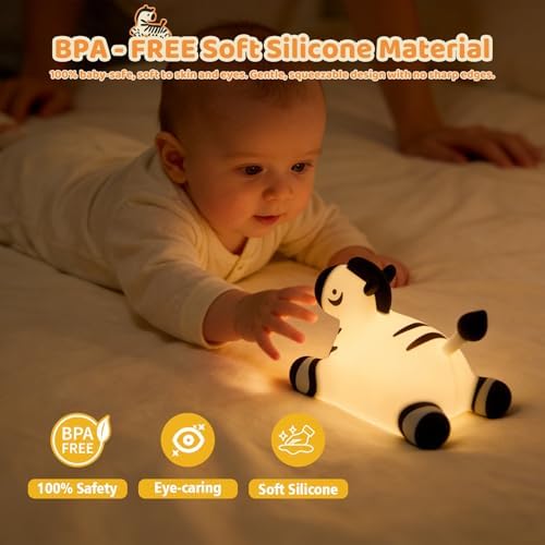 Zebra Silicone Night Light, Kawaii LED Cute Bedside Night Lights Dimmable Touch Control USB Rechargeable Squishy Lamp with Timer for Bedroom Animal Decor Adults Birthday Gifts Party Travel - Image 6