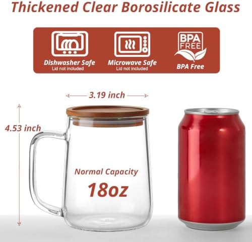 Glass Coffee Mugs, 18 oz Glass Coffee Cups with Acacia Wood Lids, Clear Borosilicate Glass Mugs with Handles for Cappuccino, Tea, Latte, Hot/Cold Beverages, Wine, Americano, Set of 2 - Image 2