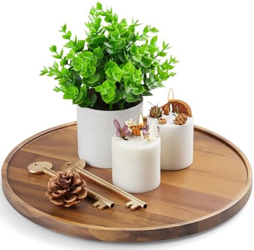 12 Inch Acacia Wood Round Tray, Wooden Decorative Bathroom Coffee Table Tray Centerpiece Candle Holder for Farmhouse Kitchen Dining Room Home Decor Coffee Table Decor and Accessories by Unknown
