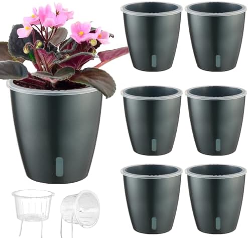 Self Watering Pots for Indoor Plants, 6-Pack 5'' Self Watering Planter with Drainage Holes, Small African Violet Pots with Water Indicator, Clear Wick Orchid Pot, Grey by KvyusFlourish