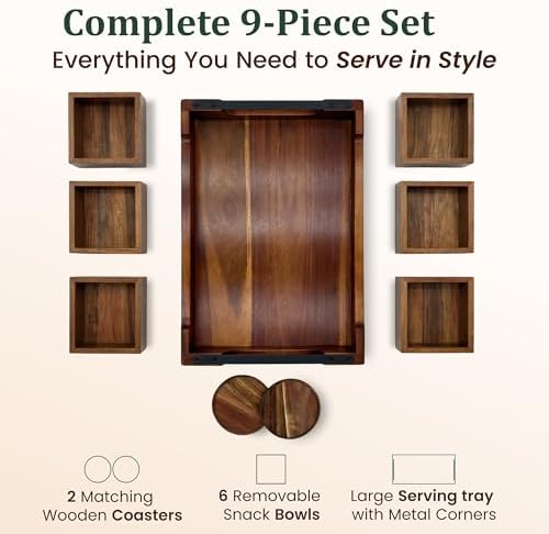 Belvi Modular Serving Tray & Coaster Set - Premium Acacia Wood | Snack Tray for Party Hosting - Trays for Serving Food, Charcuterie, Fruit Platter Tray for Parties, Appetizer & Dessert Trays - Image 3