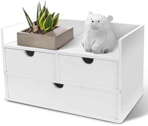 Charmewooden Bamboo Desk Organizer 3 Drawer with Shelf, Countertop Organizer with Drawers Makeup Storage Drawer 3 Drawers Tabletop Storage Organization Box Home Office Workspace（White） by Charmewooden