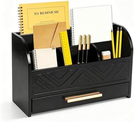Charmewooden Black Desktop Organizer with Drawer Storage, White Desk Organizer Mail Holder Mail Organizer Countertop Pen Holder Letter Sorter Make up Organizer for School Home Office Supplies by Charmewooden