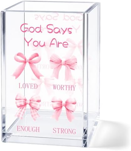 Pink Bow Acrylic Pen Holder Cup, Coquette Christian Desk Decor, Inspirational Bible Verse Pencil Holder, Cute Office Desk Organizer, Gift for Women Girls by Unknown