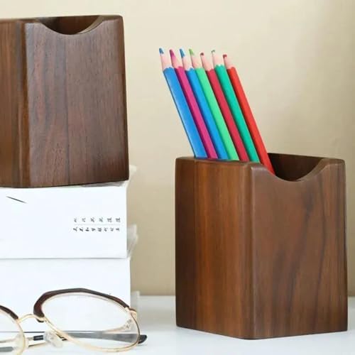 Wood Pen & Pencil Holder for Desk, 2 Pack – Brush Caddy (2 Pack Walnut Color) - Image 2