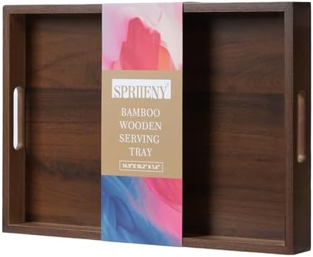 14.9''x10.2''x1.57'' Bamboo Wooden Tray with Handles, Rectangular Natural Solid Wood, Walnut Dark Brown Color Serving Tray.Suitable for Kitchen,Bedroom,Breakfast,Coffee,Decorative,Party Bars. by Unknown