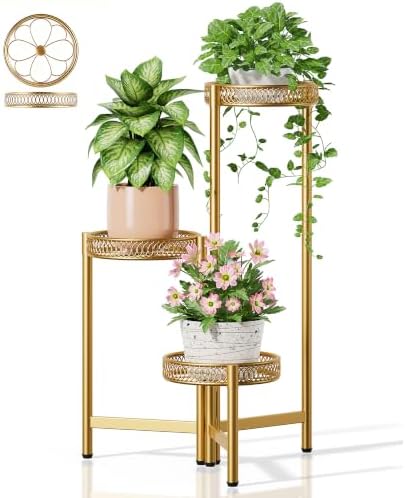 3 Tiered Gold Plant Stand Indoor Outdoor, Corner Tall Plant Shelf for Multiple Plants, Foldable Heavy Duty Plant Holder, Decoration Flower Pot Stand for Patio Balcony - GoldFlower by Unknown