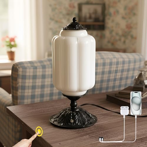 Vintage Milk Glass Table Lamp,3-WayDimmable USB-C+A,Black Bedroom DeskLamps by Unknown