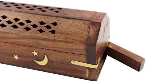COTTON CRAFT Sheesham Wood Incense Burner Holder -Sun Moon Star Brass Inlay - Image 4