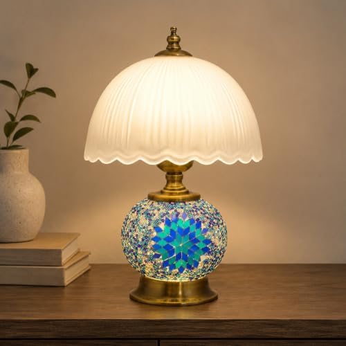 Boho Blue Mosaic Small Table Lamp with White Glass Shade by URLIGHTS