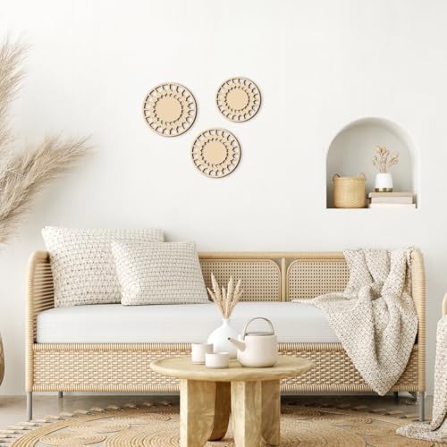 Boho Wooden Wall Decor Set of 3, Geometric Wood Wall Art for Living Room Bedroom Bathroom, Neutral Farmhouse Wall Decor, Modern Minimalist Round Wall Hanging, Ready to Hang - Image 3