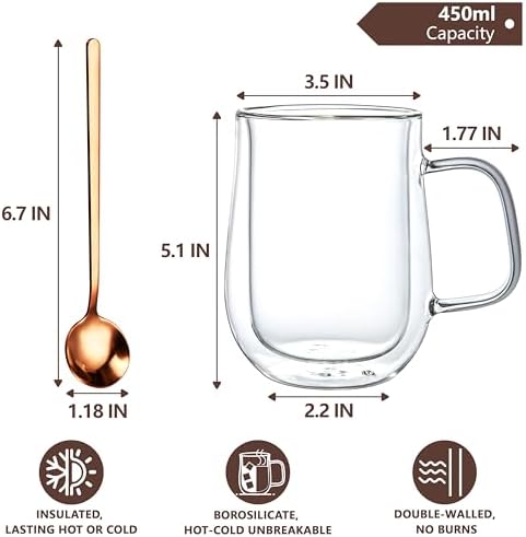 Double Walled Glass Coffee Mugs 16 OZ, Borosilicate Glass Coffee Cups Set of 2 with Spoons, Insulated Clear Coffee Mug for Hot Beverages, Cappuccino, Latte, Tea Bag. - Image 2