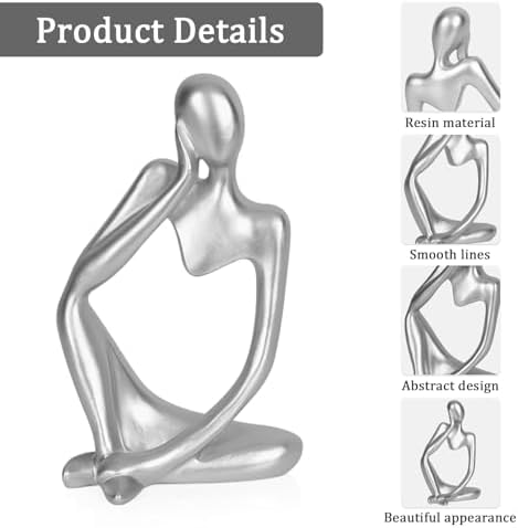 Sandstone Resin Thinker Statue Style Abstract Sculpture, Silver, Left - Image 4