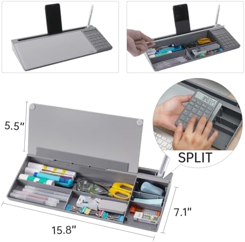 Small Glass Desktop Whiteboard Dry-Erase-Board - Computer Keyboard Stand with Calculator White Board Surface Pad with Drawer, Desk Organizers with Accessories for Office, Home, School Supplies - Grey - Image 4