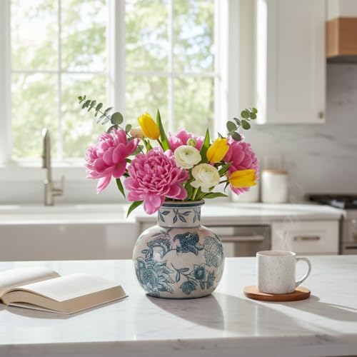 SIDUCAL Blue and White Vintage Vase | 6 Inch Ceramic Chinoiserie Floral | Retro Ice Cracked Blue and White Porcelain Vase for Table, Living Room, Bathroom Decoration, Wedding, Shelf Decor, Mantel - Image 4