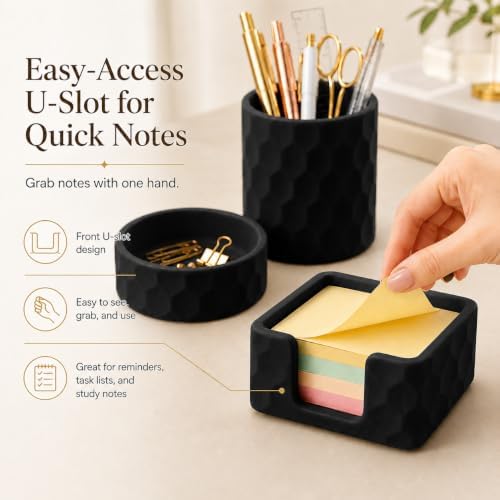 Aesthetic Geometric Silicone Desk Organizer Set of 3,Modern Office Desk Accessories with Round Pen Holder,Paperclip Tray,Sticky Note Holder,Stylish Functional Desk Decor for Home Office(Black) - Image 4