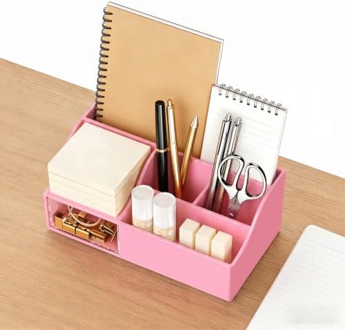 HBlife Acrylic Desk Organizer with Drawer, Pen & Pencil Holder, Multifunctional Desktop Caddy for Office Supply and Organization (Pink) - Image 5