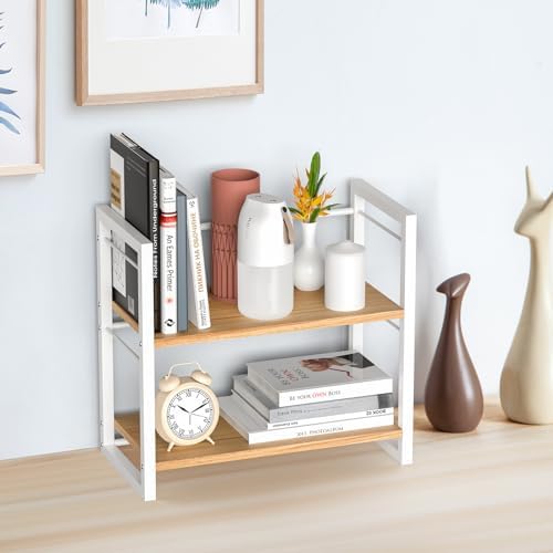 Office Desk Shelf Organizer, Wood Desktop Bookshelf Supplies Storage Rack, Shelf for Top of Desk and Dresser (White-2 Tier) - Image 4