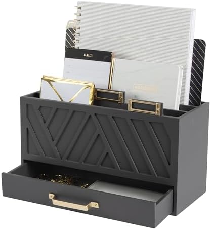 BLU MONACO | Grey Three-Tier Desktop Mail Organizer with Gold Label Holders & Drawer | Stylish Mail Holder and Countertop Document Storage for Home or Office by Blu_Monaco