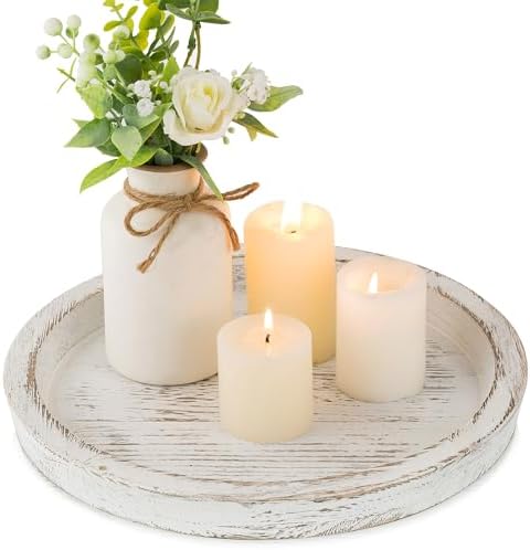 Hanobe Round Wood Candle Holder Trays for Coffee Table, Rustic White Finish by Hanobe