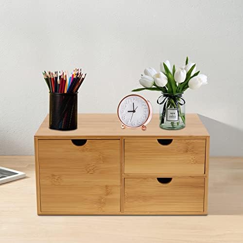 Bamboo Desk Organizer Small Retro Bamboo Tabletop Storage Box with Drawers& Recess Handles for Office Home Supplies Table Storage Collector 13 * 7.5 * 6in (3 Drawers/1 Left&2 Right) - Image 5