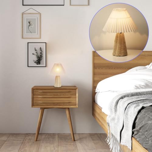 Tiiyee Small Table Lamp, Pleated Table Lamp Bedside Night Lamp with Rattan Base Fabric Pleated Lampshade Vintage Design Soft Warm Light for Bedroom Decor Living Room Reading Office Dorm Coffee Shop - Image 3