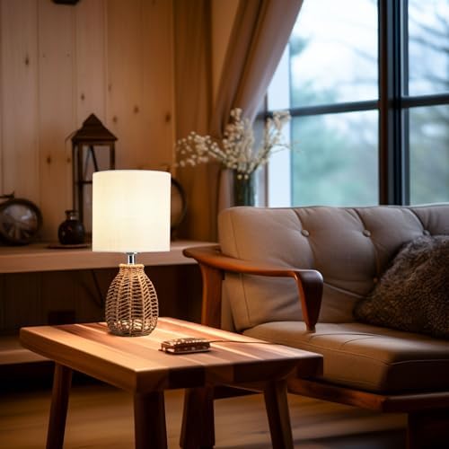KUNJOULAM Rattan Table Lamp, Small Nightstand Lamp with Linen Fabric Lampshade, Desk Lamp Bedside Lamp for Living Room Home Office, Without Buld - Image 5