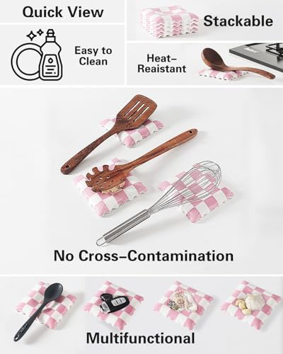 Ceramic Spoon Rest, Pink Checkered Spoon Rest for Stove Top, Large Spoon Holder, Spoon Rest for Kitchen Counter, Coffee Accessories for Housewarming& Coffee Station - Image 2